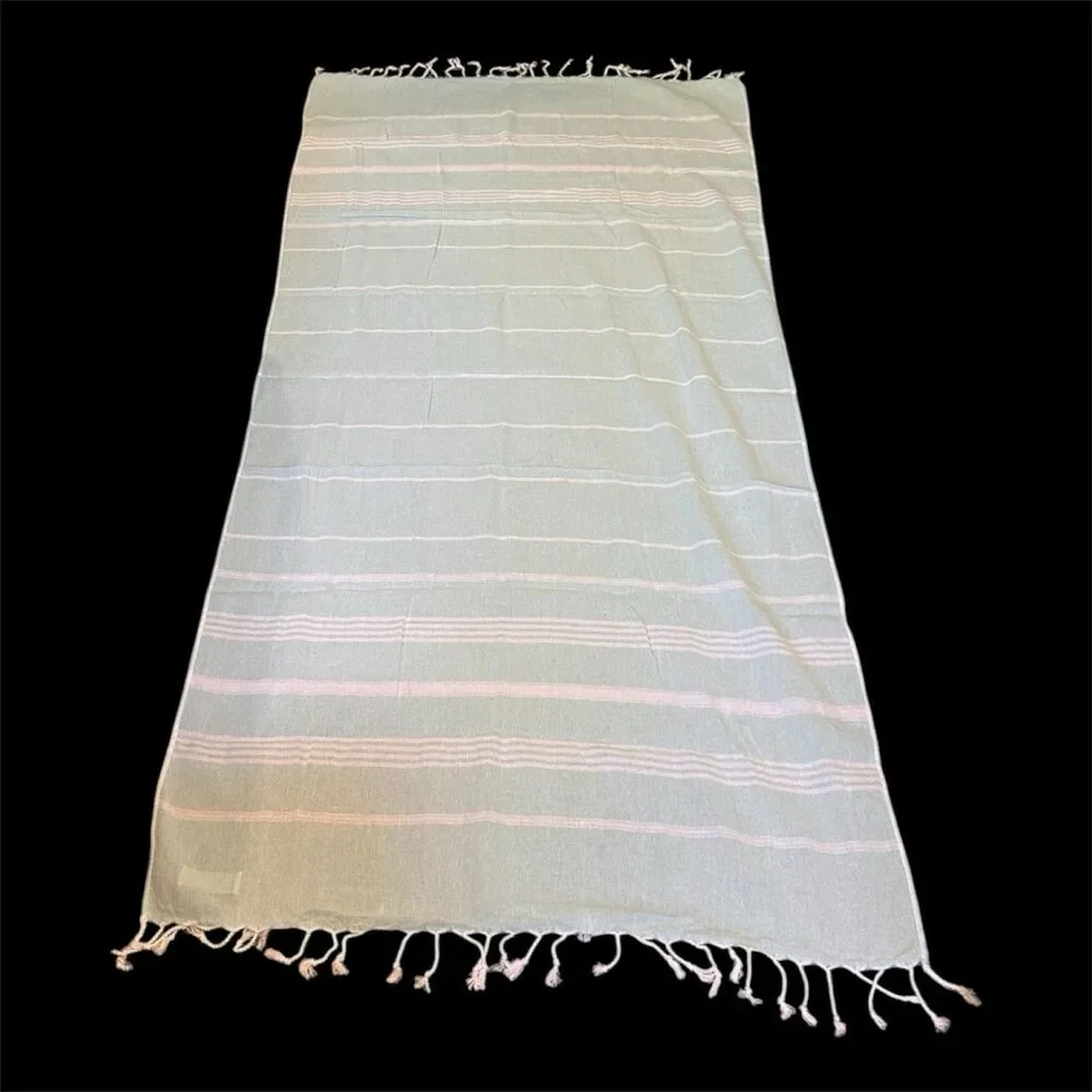 Smyrna Turkish Cotton Towel Mint Green White Striped Beach Bath Peshtemal 37x71